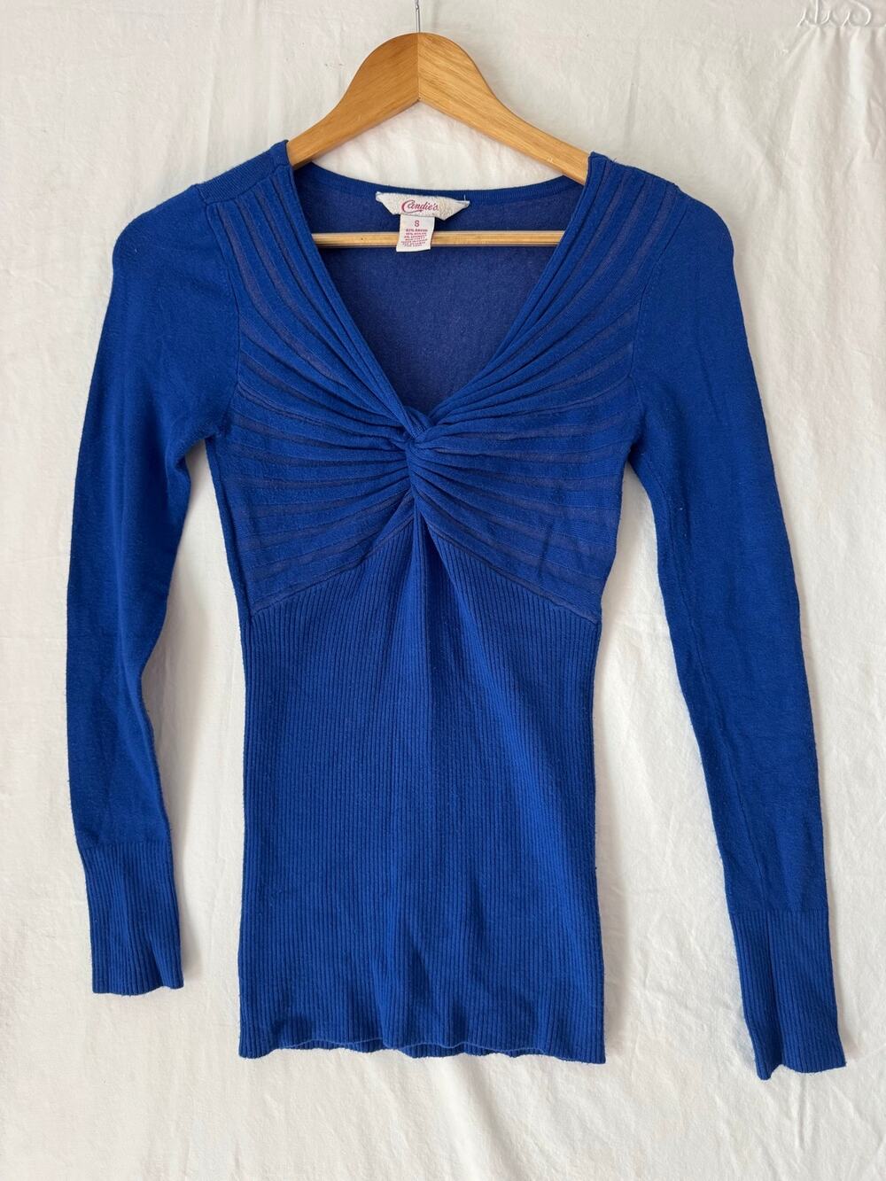 VTG Candie's Cobalt Blue Sweater Long Sleeves V-neck Ribbed Size S Y2K
